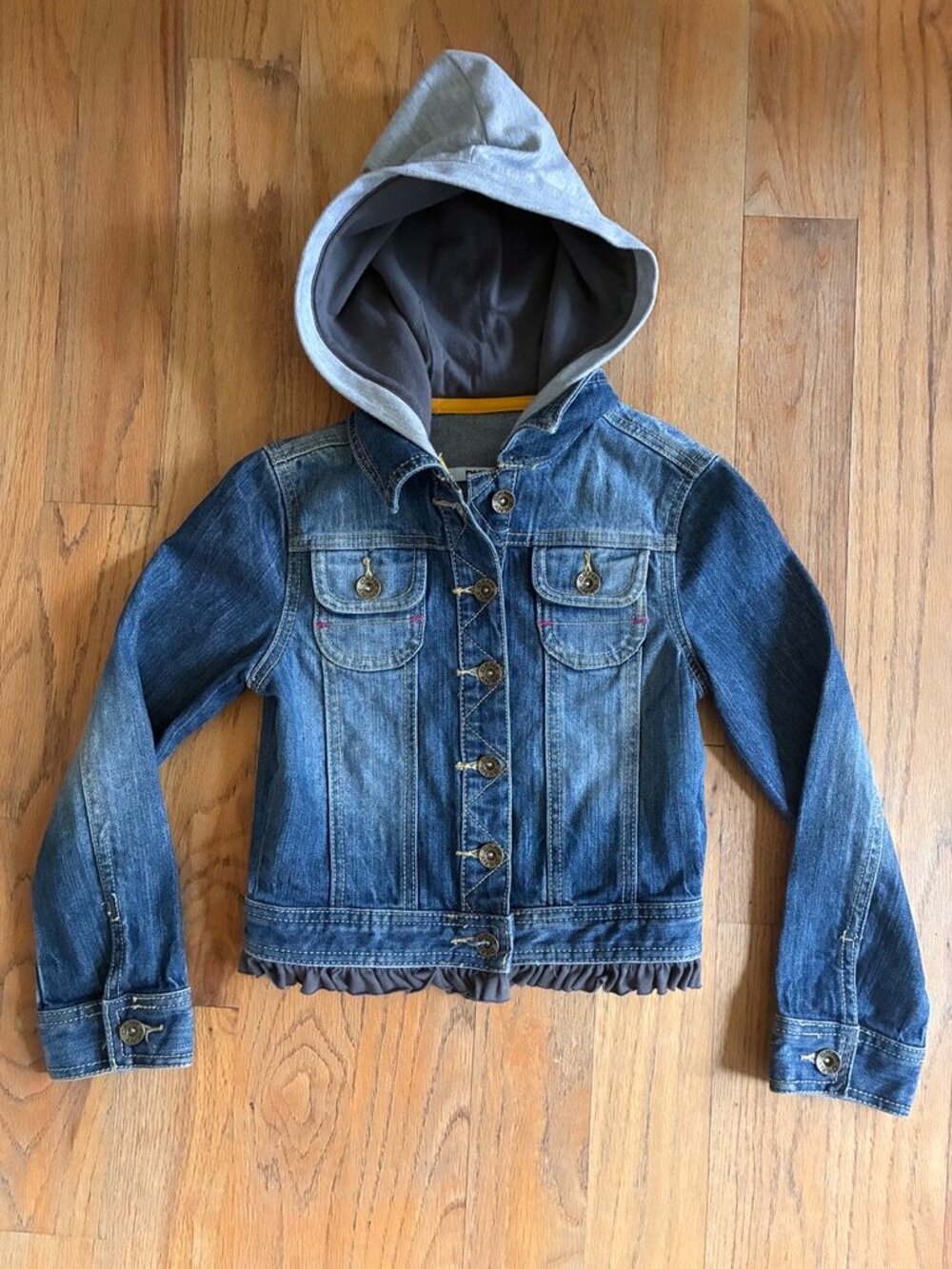 DKNY Girls Hooded Denim Jacket Frayed Hem Size Small